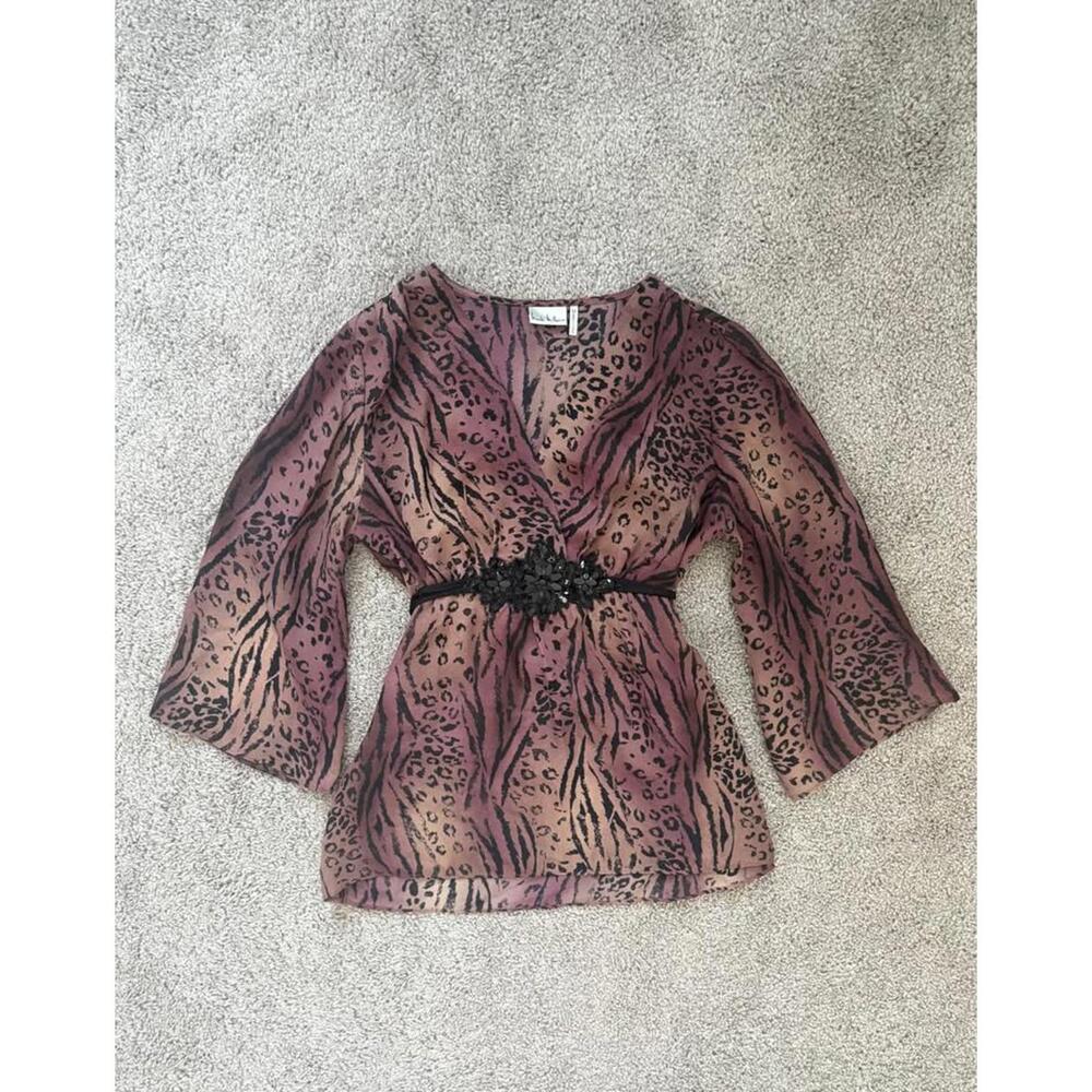 Nicole Miller Vintage Animal Print Belted Y2K‎ Beaded Blouse Sz M